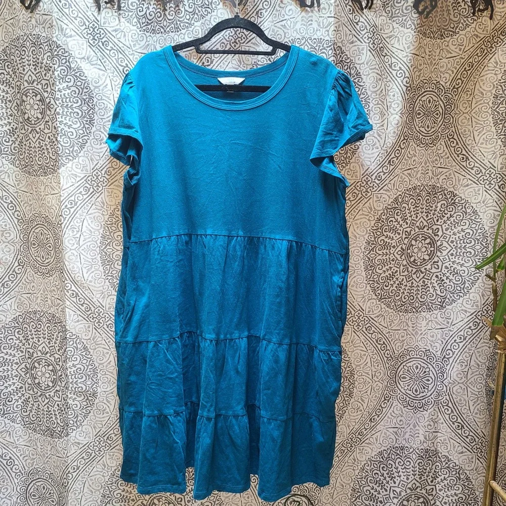 Time and Tru Tiered Dress Women XXL 20 Teal Flutter Sleeve Pockets 100% Cotton - Picture 1 of 9